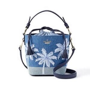 Kate Spade California Dreaming Pippa Blue Denim Palm Tree Bucket Bag NEW‎ RARE